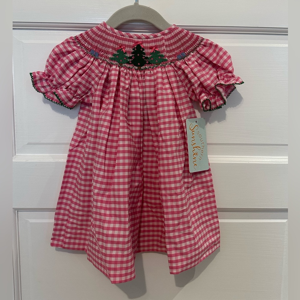 NWT Pink Gingham Christmas Tree Smocked Dress
